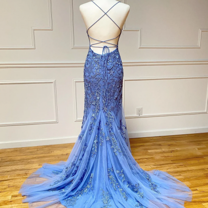 Blue Mermaid Style, Lace Applique Diamond, U-neck..