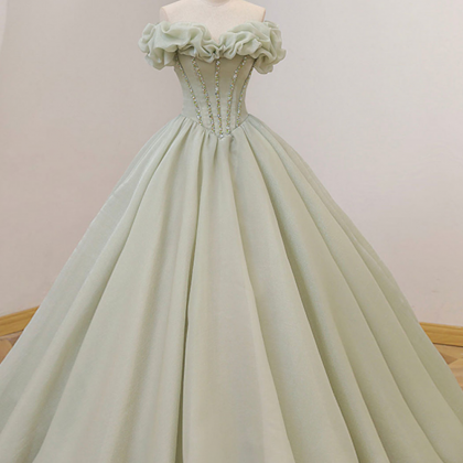 Grass Green Long Princess Dress With Off The..
