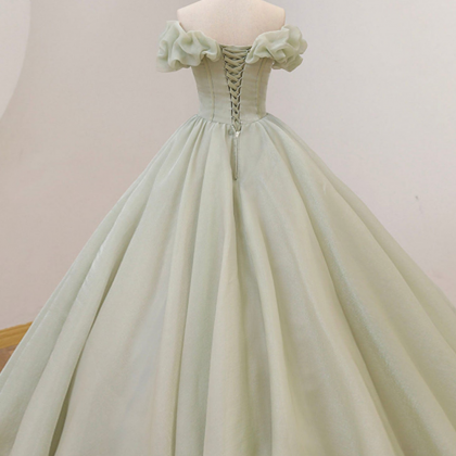 Grass Green Long Princess Dress With Off The..