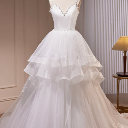 White V-neck Tulle Long Prom Dress, A-line Party..