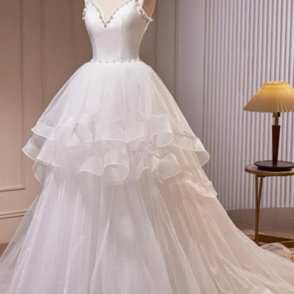 White V-neck Tulle Long Prom Dress, A-line Party..