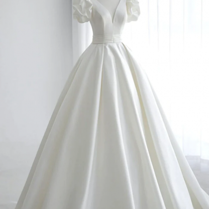 White V-neck Satin Ball Dress, A-line Short Bubble..