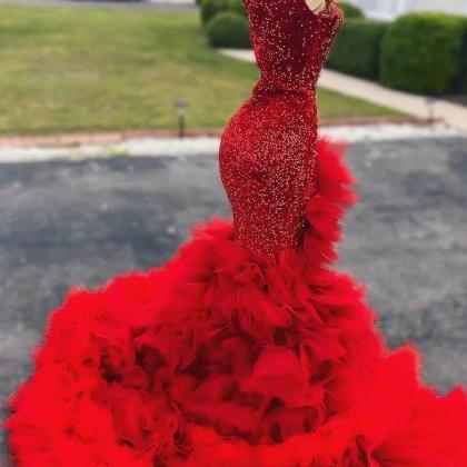 Red Sequined Mermaid Gown With Plunging Neckline
