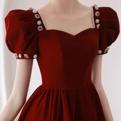 Elegant Red Puff Sleeve Maxi Evening Dress Gown