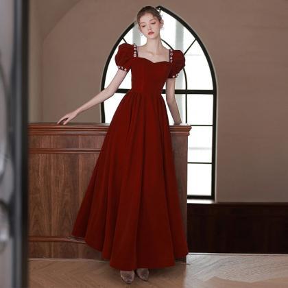 Elegant Red Puff Sleeve Maxi Evening Dress Gown