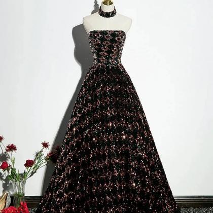 Elegant Strapless Floral Sequin Black Ball Gown..