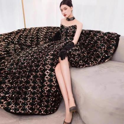 Elegant Strapless Floral Sequin Black Ball Gown..