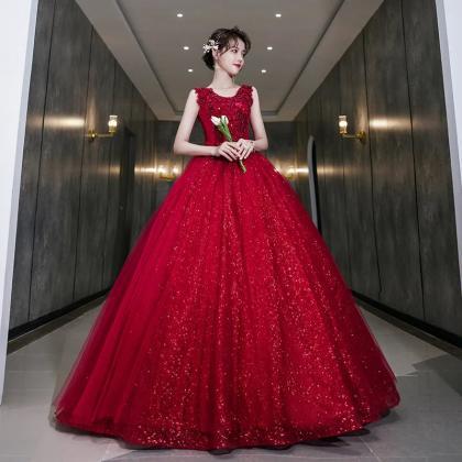 Elegant Red Sequined Evening Ball Gown With..