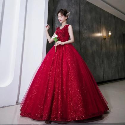 Elegant Red Sequined Evening Ball Gown With..