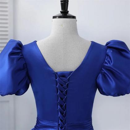 Elegant Royal Blue Satin Ball Gown With Puff..