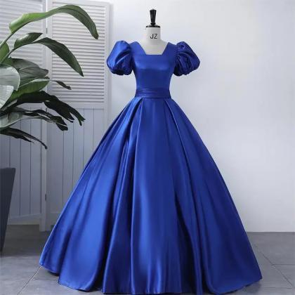 Elegant Royal Blue Satin Ball Gown With Puff..