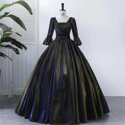 Elegant Long-sleeve Satin Ball Gown With Puff..