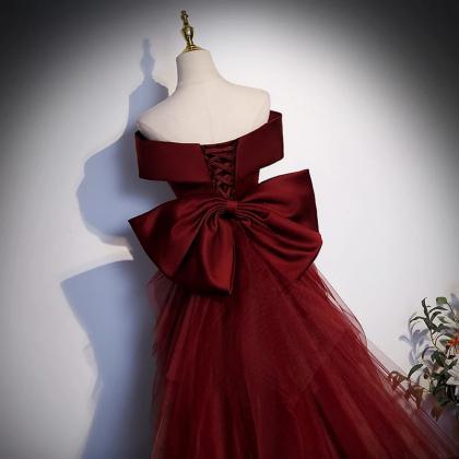 Elegant Off-shoulder Wine Red Tulle Evening Gown