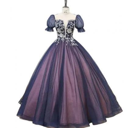 Elegant Navy Blue Embroidered Ball Gown With..
