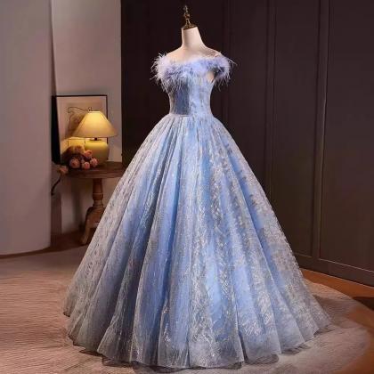 Elegant Feather Trimmed Tulle Ball Gown In Blue
