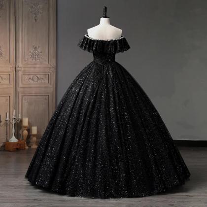 Elegant Off-shoulder Black Sequin Ball Gown Dress