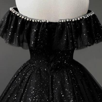 Elegant Off-shoulder Black Sequin Ball Gown Dress