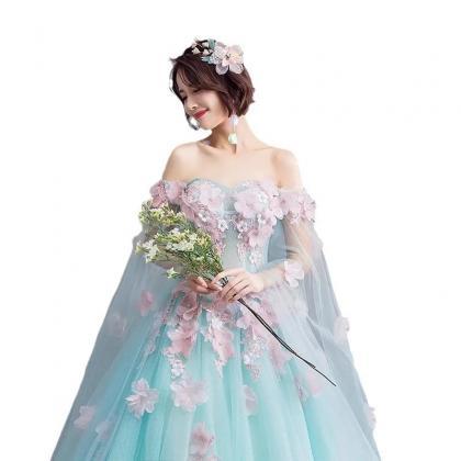 Elegant Off-shoulder Tulle Ball Gown With Floral..