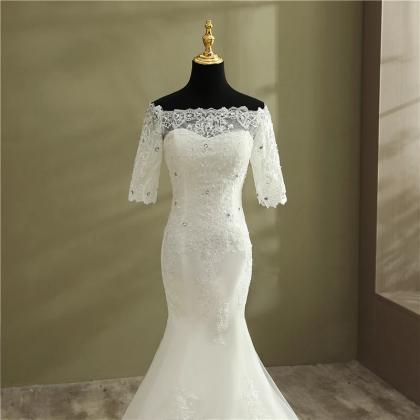 Elegant Off-shoulder Lace Mermaid Wedding Bridal..