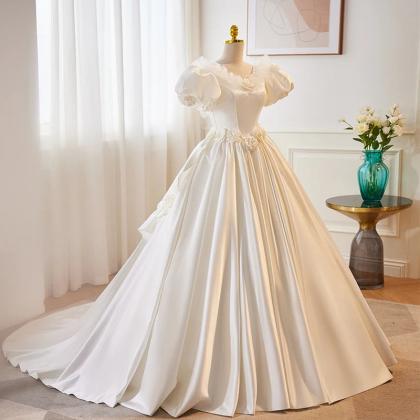 Elegant Off-shoulder Satin Bridal Gown With Train