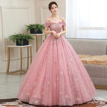 Elegant Off-shoulder Pink Ball Gown With Beaded..