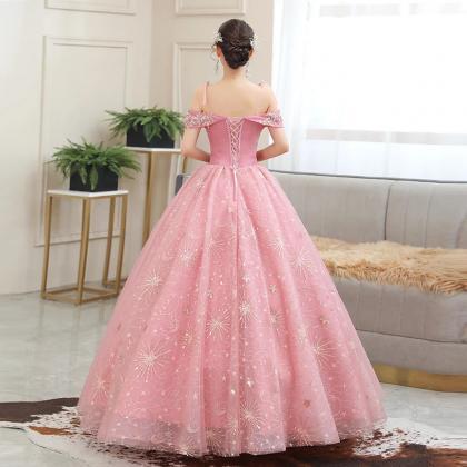 Elegant Off-shoulder Pink Ball Gown With Beaded..