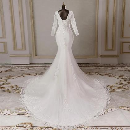 Elegant V-neck Lace Mermaid Bridal Gown With..