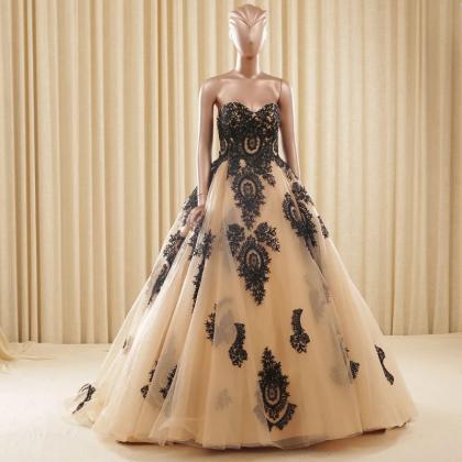 Elegant Strapless Gold Applique A-line Bridal Gown
