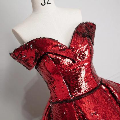 Elegant Off-shoulder Red Sequin Ball Gown Dress