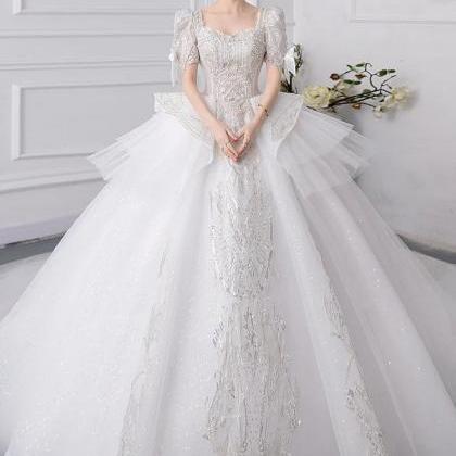 Elegant Beaded Puff Sleeve Princess Wedding Gown