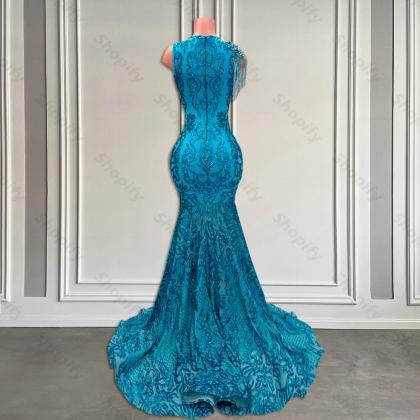 Elegant Turquoise Sequined Mermaid Prom Dress Gown
