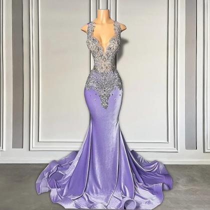 Elegant Purple Beaded Mermaid Evening Gown With..
