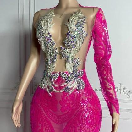 Elegant Long-sleeve Pink Sequin Embellished..