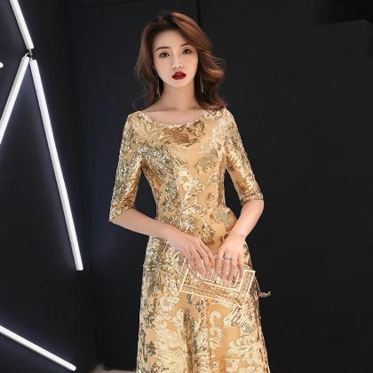 Elegant Golden Floral Embroidered Evening Gown Dress on Luulla