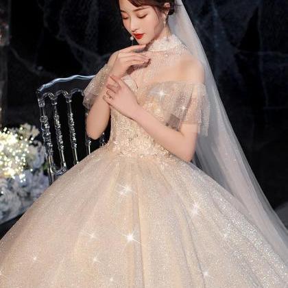 Elegant Ball Gown Off The Shoulder Satin Beaded With Veil Long Wedding Dresses C4044