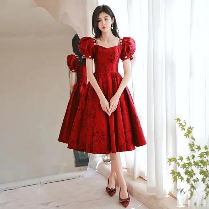 Elegant Red Lace Puff Sleeve Cocktail Midi Dress on Luulla