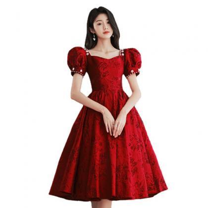 Elegant Red Lace Puff Sleeve Cocktail Midi Dress on Luulla