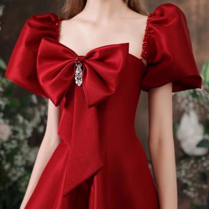 Elegant Red Bow Puff Sleeve Dress on Luulla