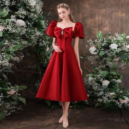 Elegant Red Bow Puff Sleeve Dress on Luulla