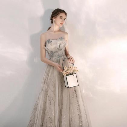Charming Blue Strapless Tulle Evening Dress With Bottom Ruffles,Generous Blue Evening Gown  Y812 main image 1
