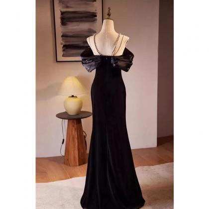 Elegant Black Off Shoulder A-Line Midi Length Formal Party Dress Evening Gown, DP5185 main image 1