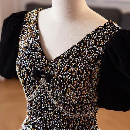 Elegant Black Sequin Evening Gown With Sleeves on Luulla