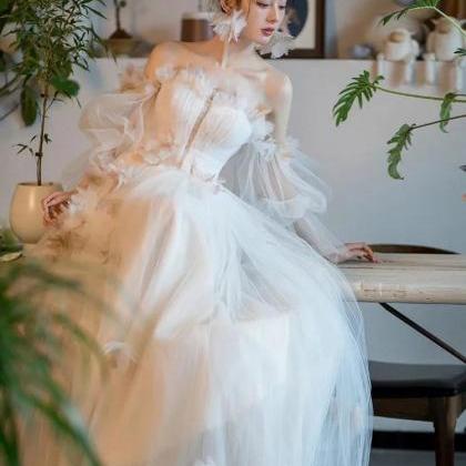 Romantic Ruffle Off the Shoulder Floral Tulle Bridesmaid Dresses