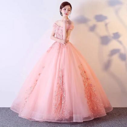 Elegant Ball Gown Off The Shoulder Pink Chiffon Long Prom Dress Evening Dresses C3366 main image 0