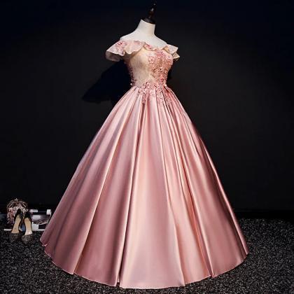 Elegant Ball Gown Off The Shoulder Satin Pink Long Prom Dresses