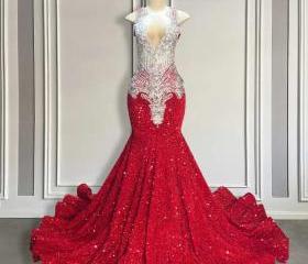 Cream Luxury Mermaid Red Embroidery Velvet Thoub