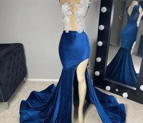 Trendy Blue Long Sleeve Mermaid Evening Gown JTE621