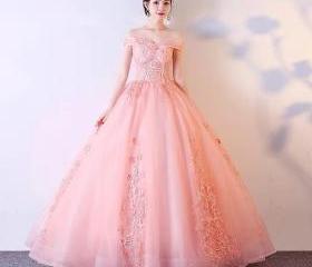 Elegant Ball Gown Off The Shoulder Pink Chiffon Long Prom Dress Evening Dresses main image 1