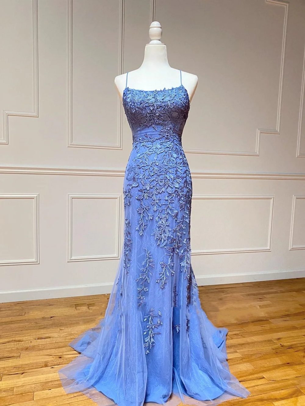 Blue Mermaid Style, Lace Applique Diamond, U-neck Double Shoulder Strap, Backless Lace Up Party Long Dress Dress
