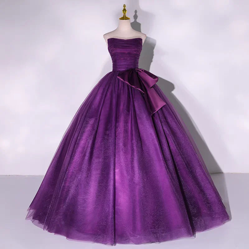 Elegant Strapless Purple Satin Ball Gown With Bow on Luulla